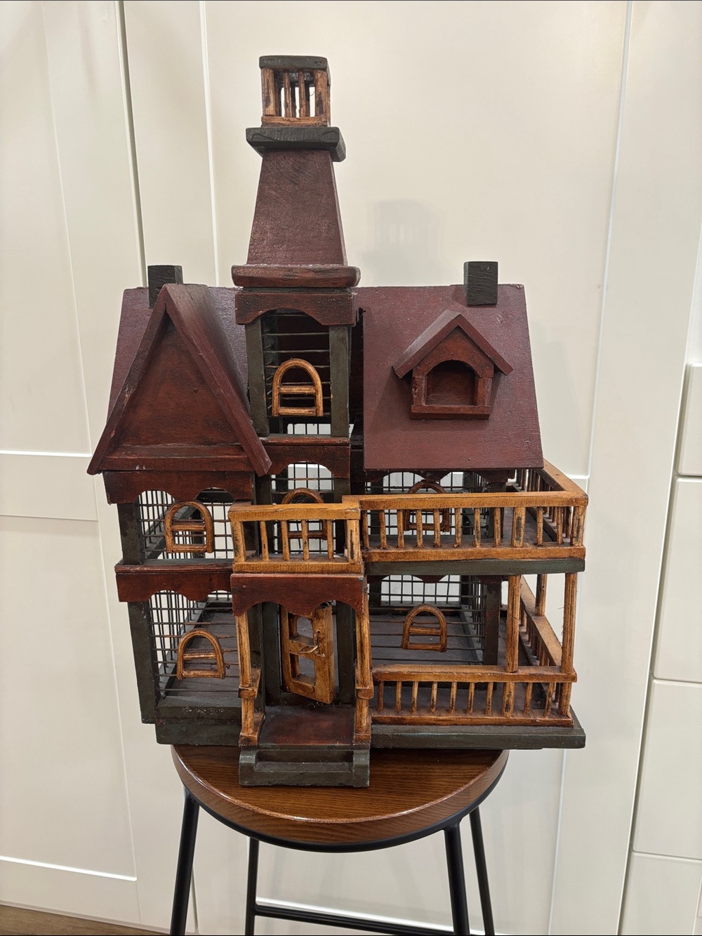 Vintage Style Wooden Dollhouse Birdcage - Brown & Burgundy